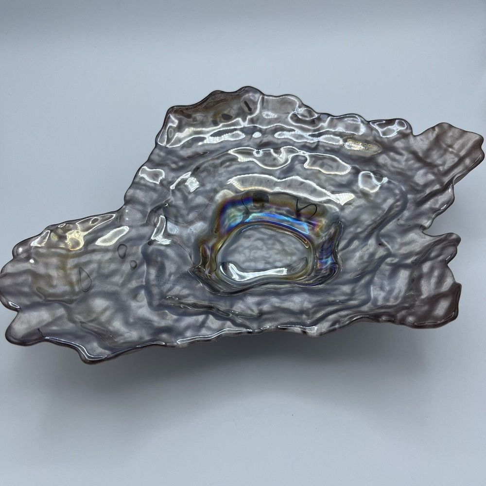 Akcam Iridescent Pearl White Oyster Glass Serving Plate Handmade 12in X 14in VGC